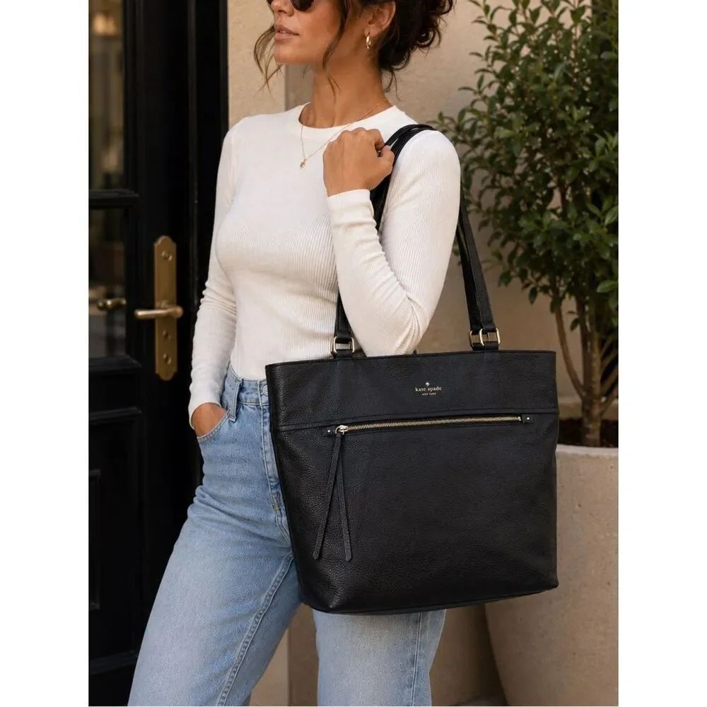 Kate Spade Black Pebbled Leather Tote Bag Gold Zip Shoulder Purse
